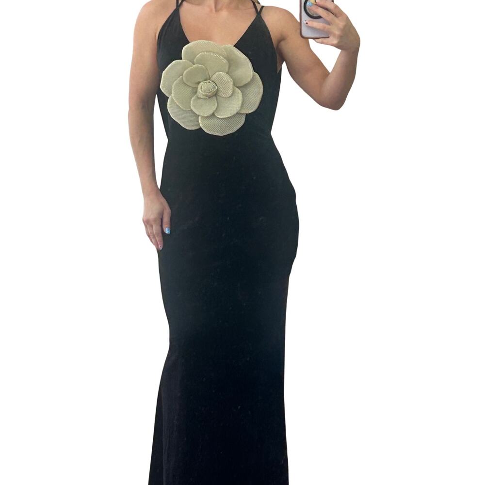 Innovare Denim Black Velvet Maxi Dress XS NWT Oversized Gold Flower Cowl Back